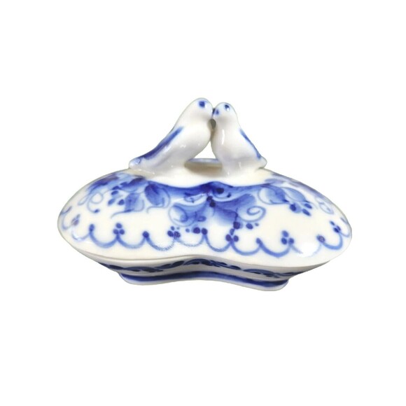 Trinket Dish 2 PC Porcelain Blue And White w/Doves Signed - Picture 2 of 4